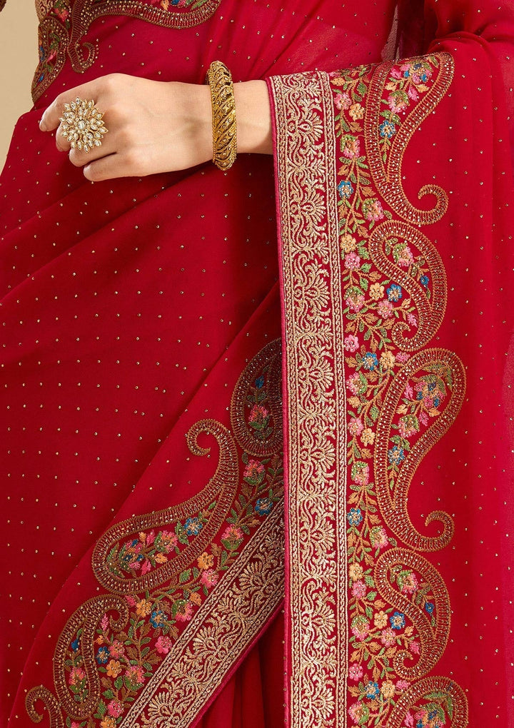 Rani Pink Georgette Kashmiri Saree With Matching Blouse Piece
