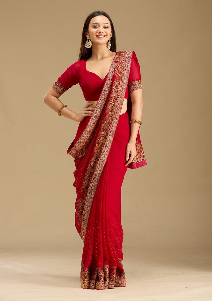 Rani Pink Georgette Kashmiri Saree With Matching Blouse Piece