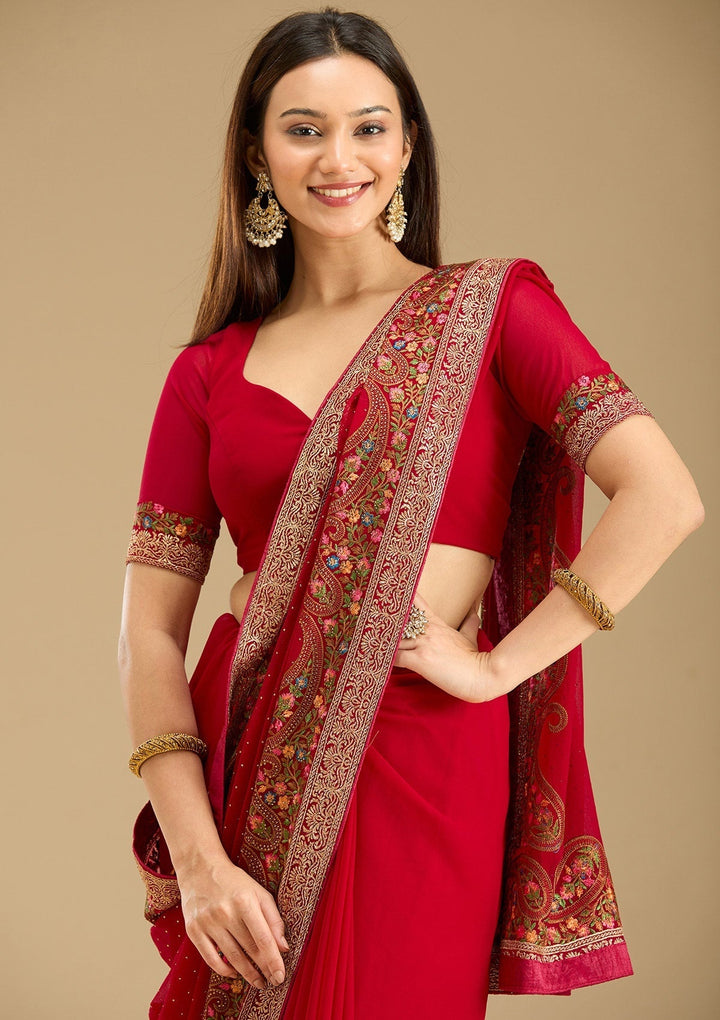 Rani Pink Georgette Kashmiri Saree With Matching Blouse Piece