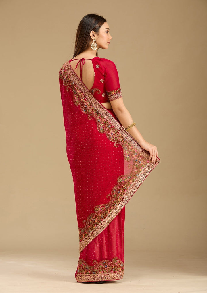 Rani Pink Georgette Kashmiri Saree With Matching Blouse Piece