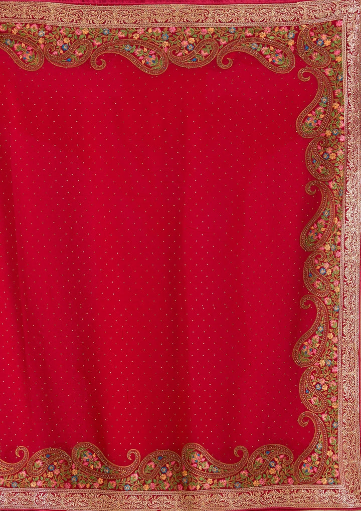 Rani Pink Georgette Kashmiri Saree With Matching Blouse Piece