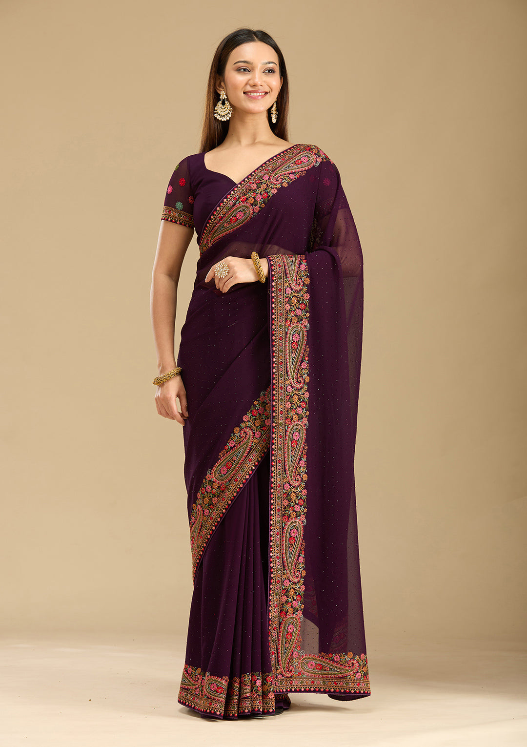 Wine Kashmiri Georgette Saree
