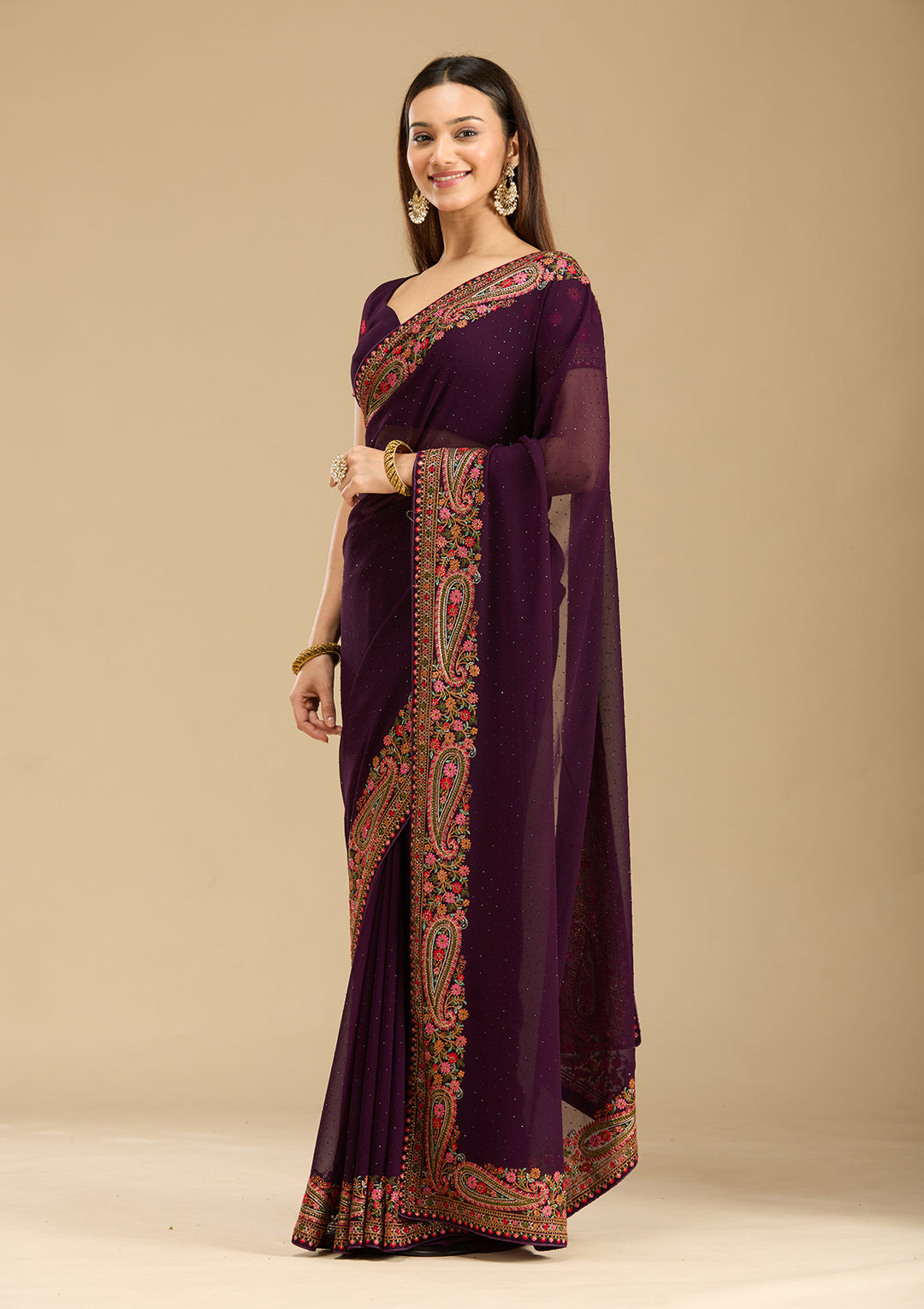 Wine Kashmiri Georgette Saree
