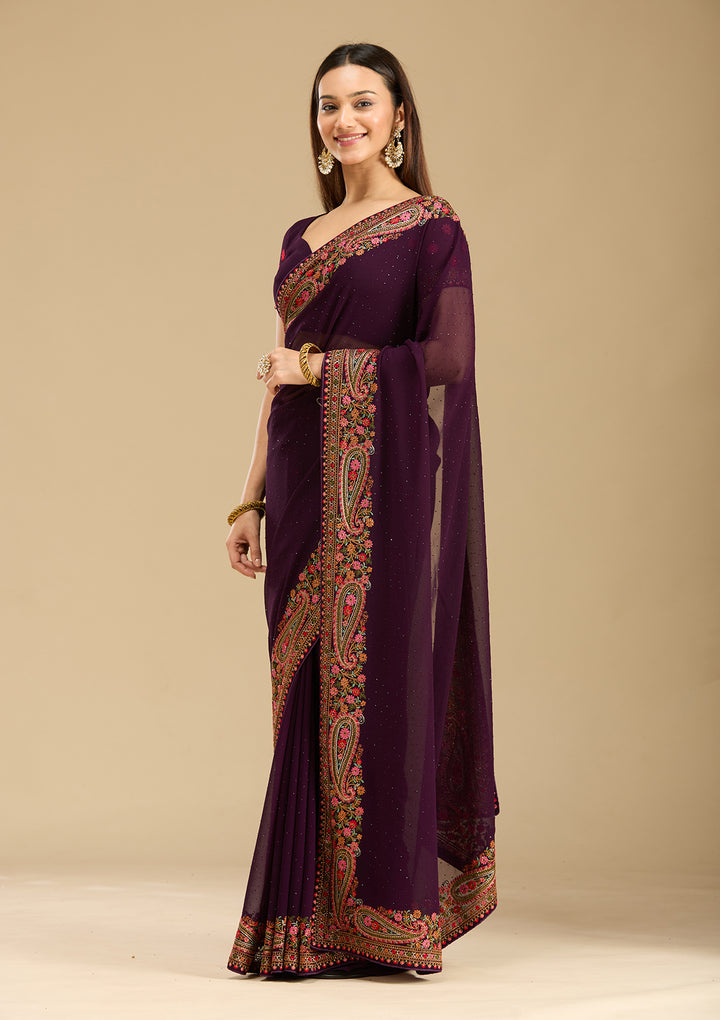 Wine Kashmiri Georgette Saree