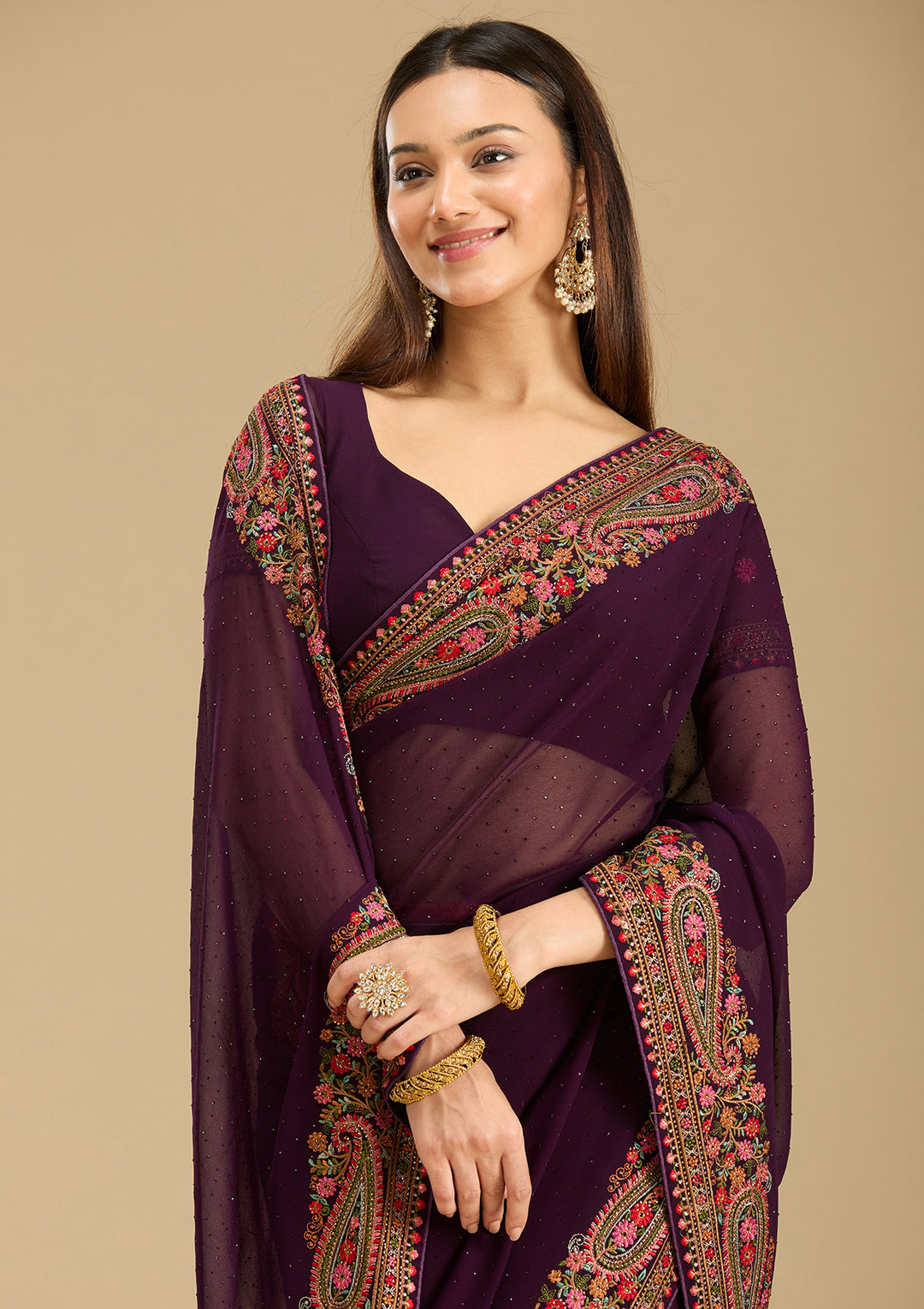 Wine Kashmiri Georgette Saree