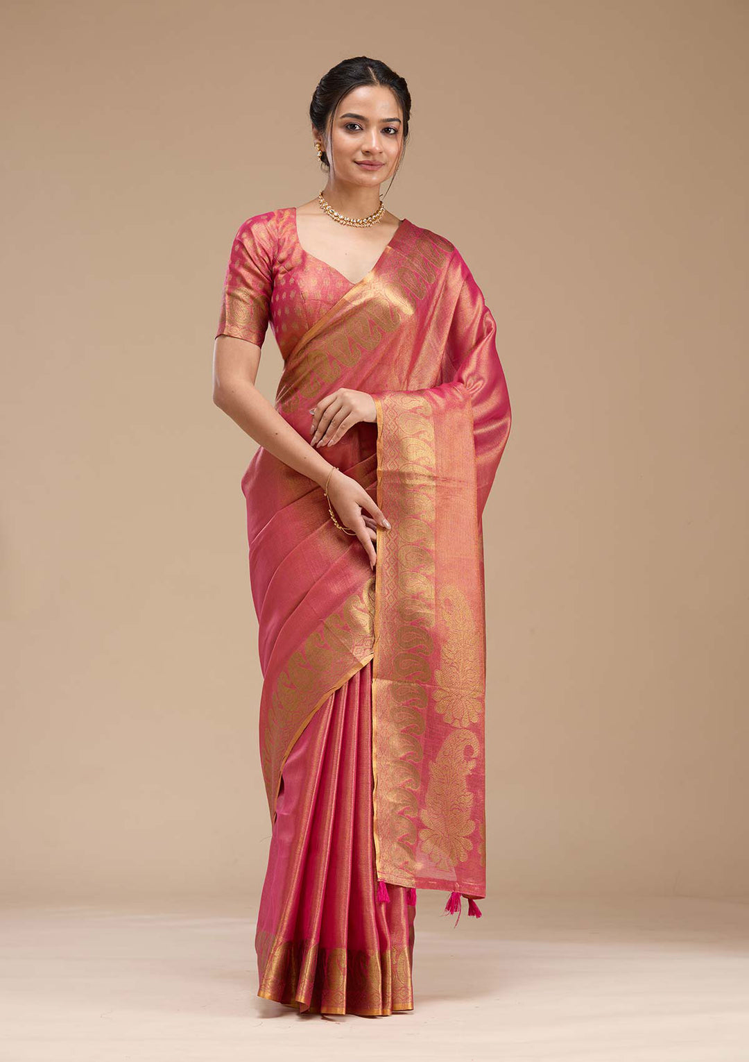Rani Pink Silk Plain Gold Zariwork Saree With Matching Blouse Piece