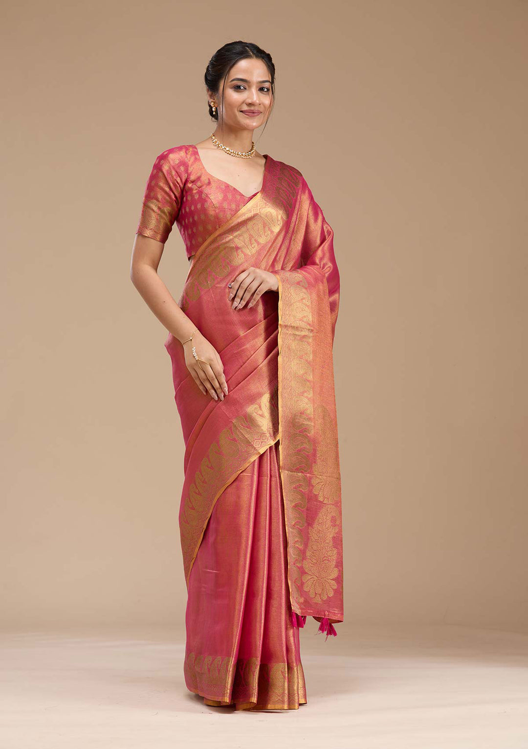 Rani Pink Silk Plain Gold Zariwork Saree With Matching Blouse Piece