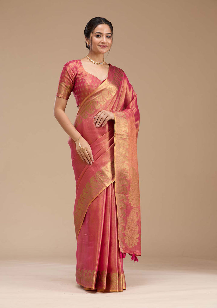 Rani Pink Silk Plain Gold Zariwork Saree With Matching Blouse Piece