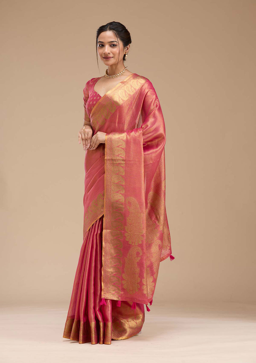 Rani Pink Silk Plain Gold Zariwork Saree With Matching Blouse Piece