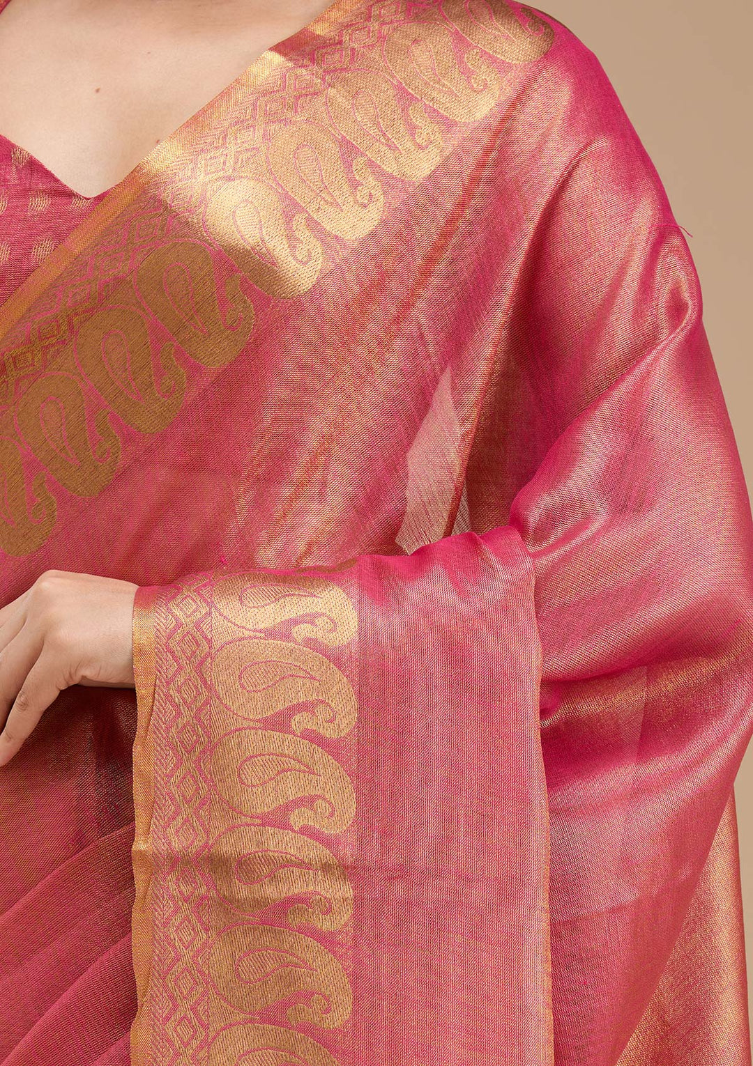 Rani Pink Silk Plain Gold Zariwork Saree With Matching Blouse Piece