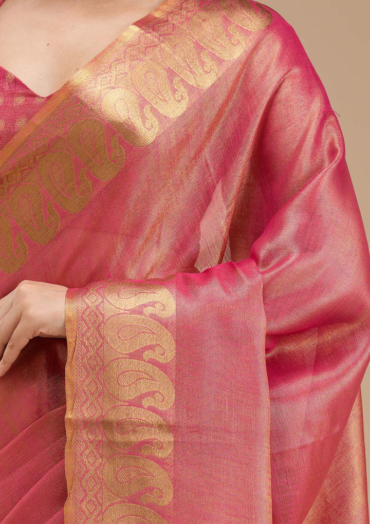 Rani Pink Silk Plain Gold Zariwork Saree With Matching Blouse Piece