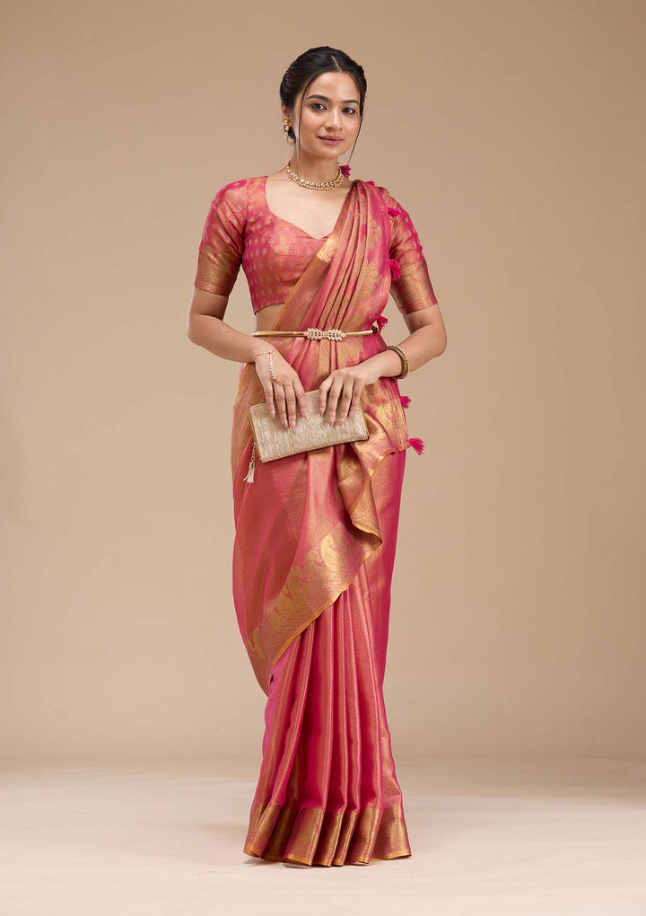Rani Pink Silk Plain Gold Zariwork Saree With Matching Blouse Piece