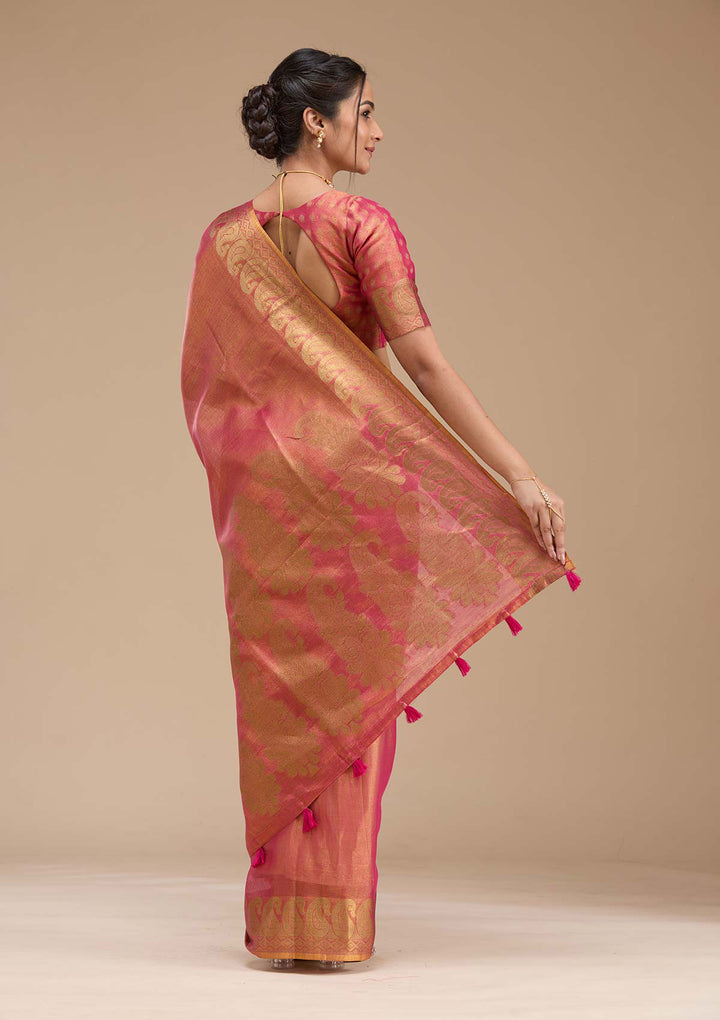 Rani Pink Silk Plain Gold Zariwork Saree With Matching Blouse Piece