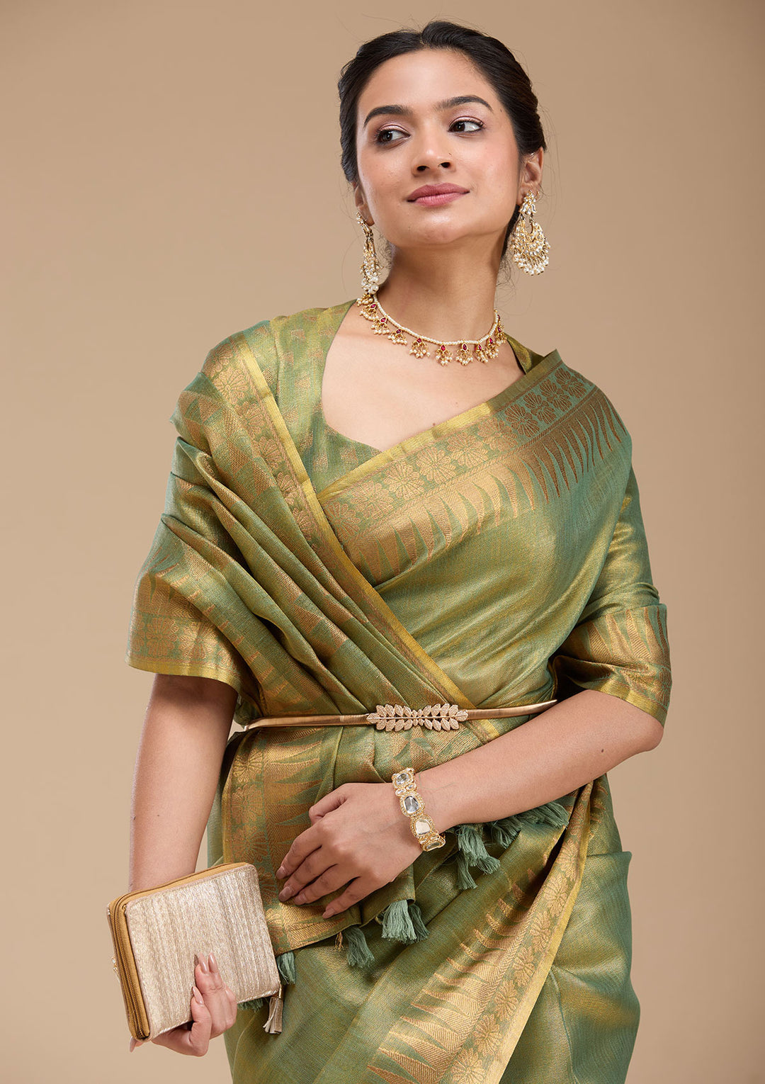Mehendi Silk Plain Gold Zariwork Saree With Matching Blouse Piece