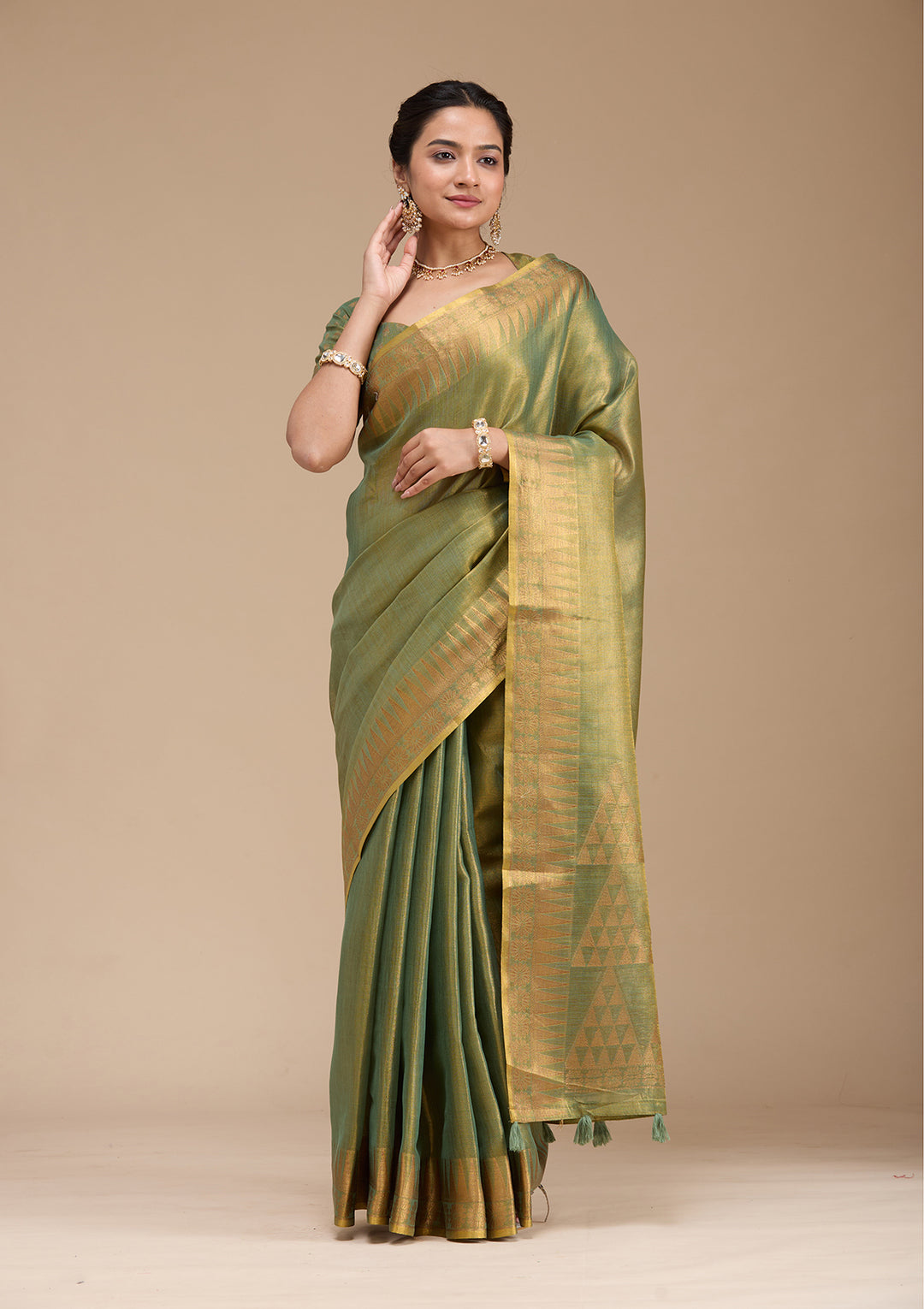 Mehendi Silk Plain Gold Zariwork Saree With Matching Blouse Piece