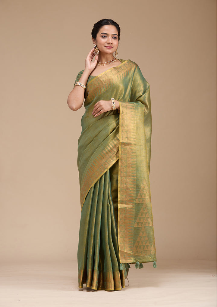 Mehendi Silk Plain Gold Zariwork Saree With Matching Blouse Piece
