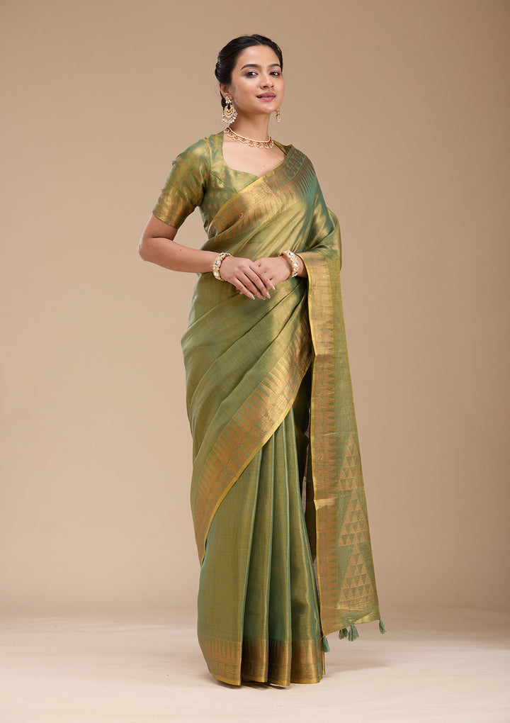 Mehendi Silk Plain Gold Zariwork Saree With Matching Blouse Piece