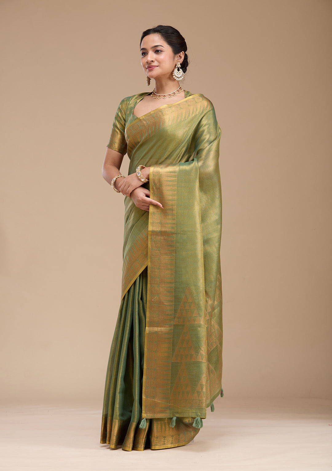 Mehendi Silk Plain Gold Zariwork Saree With Matching Blouse Piece