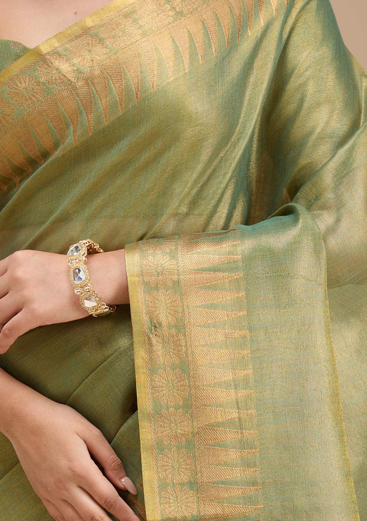Mehendi Silk Plain Gold Zariwork Saree With Matching Blouse Piece