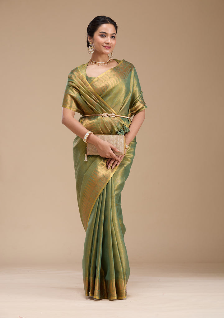 Mehendi Silk Plain Gold Zariwork Saree With Matching Blouse Piece