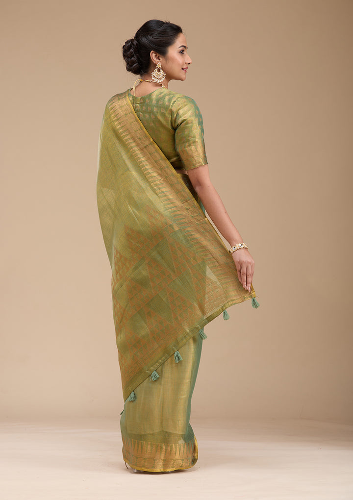 Mehendi Silk Plain Gold Zariwork Saree With Matching Blouse Piece
