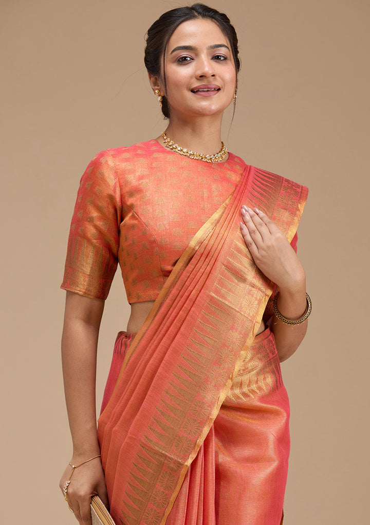 Rust Silk Plain Gold Zariwork Saree With Matching Blouse Piece