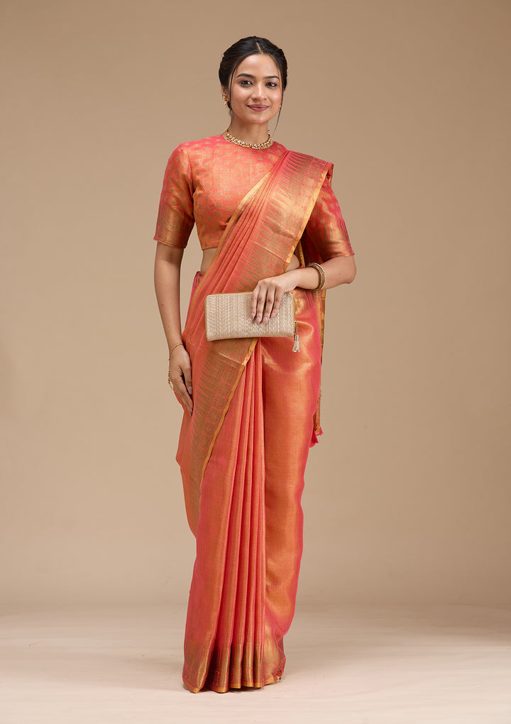 Rust Silk Plain Gold Zariwork Saree With Matching Blouse Piece