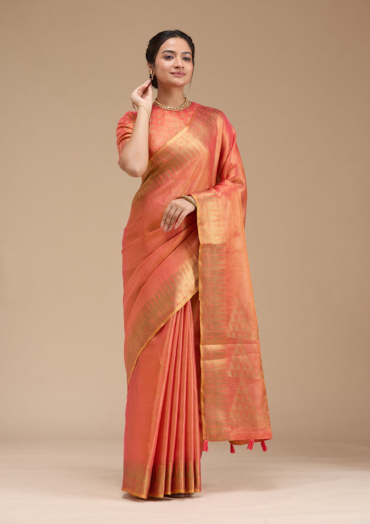 Rust Silk Plain Gold Zariwork Saree With Matching Blouse Piece