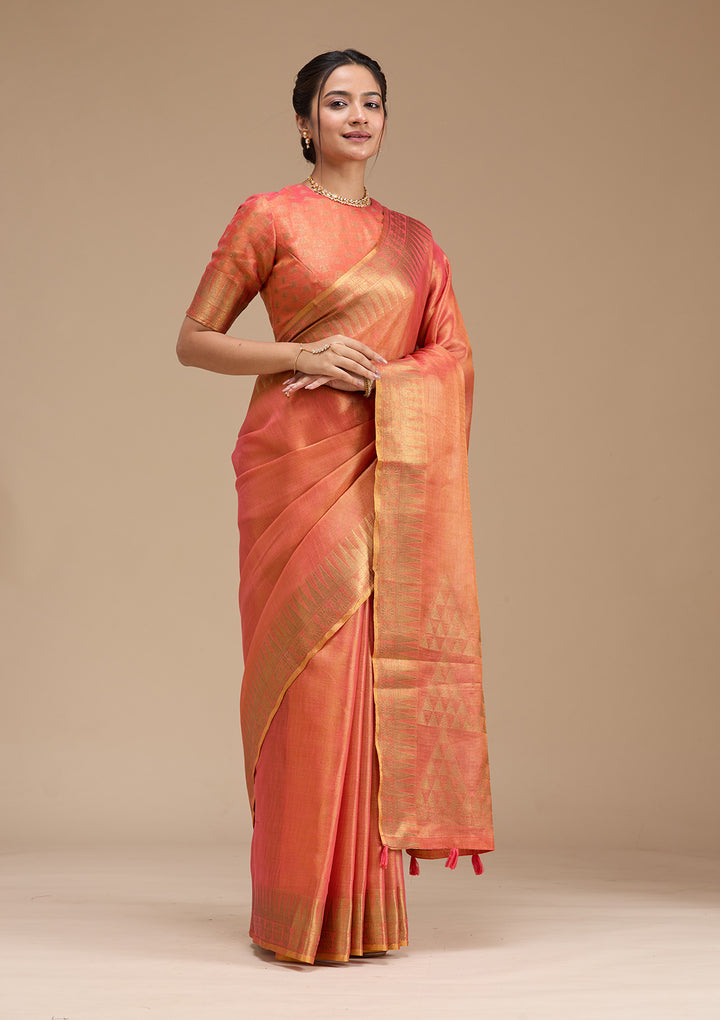 Rust Silk Plain Gold Zariwork Saree With Matching Blouse Piece