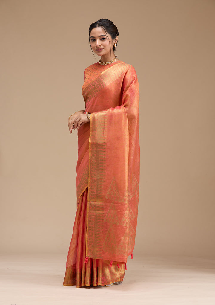Rust Silk Plain Gold Zariwork Saree With Matching Blouse Piece