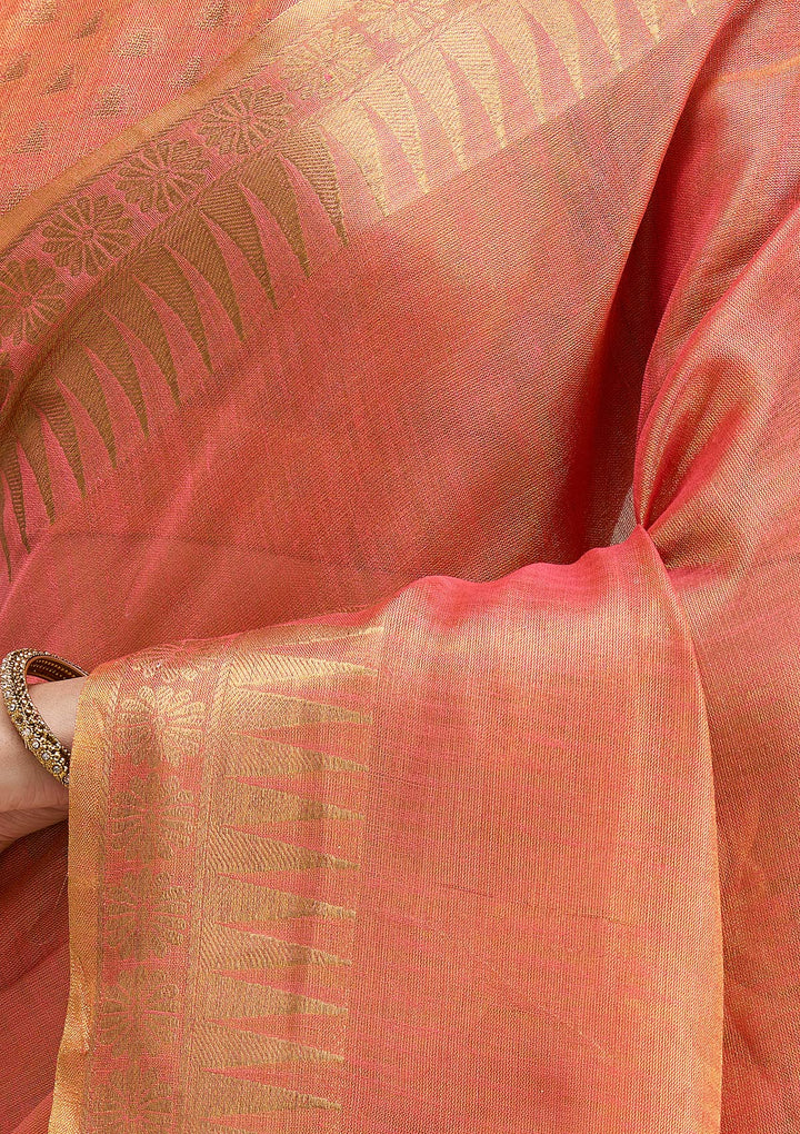 Rust Silk Plain Gold Zariwork Saree With Matching Blouse Piece