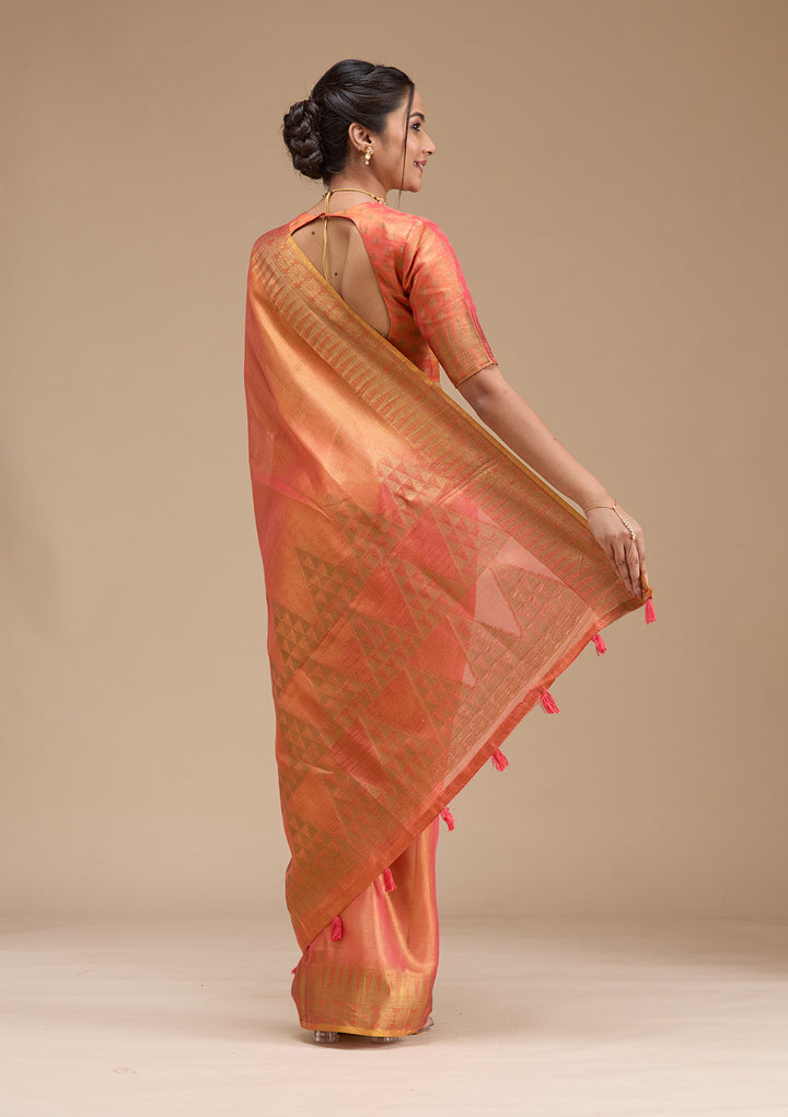 Rust Silk Plain Gold Zariwork Saree With Matching Blouse Piece
