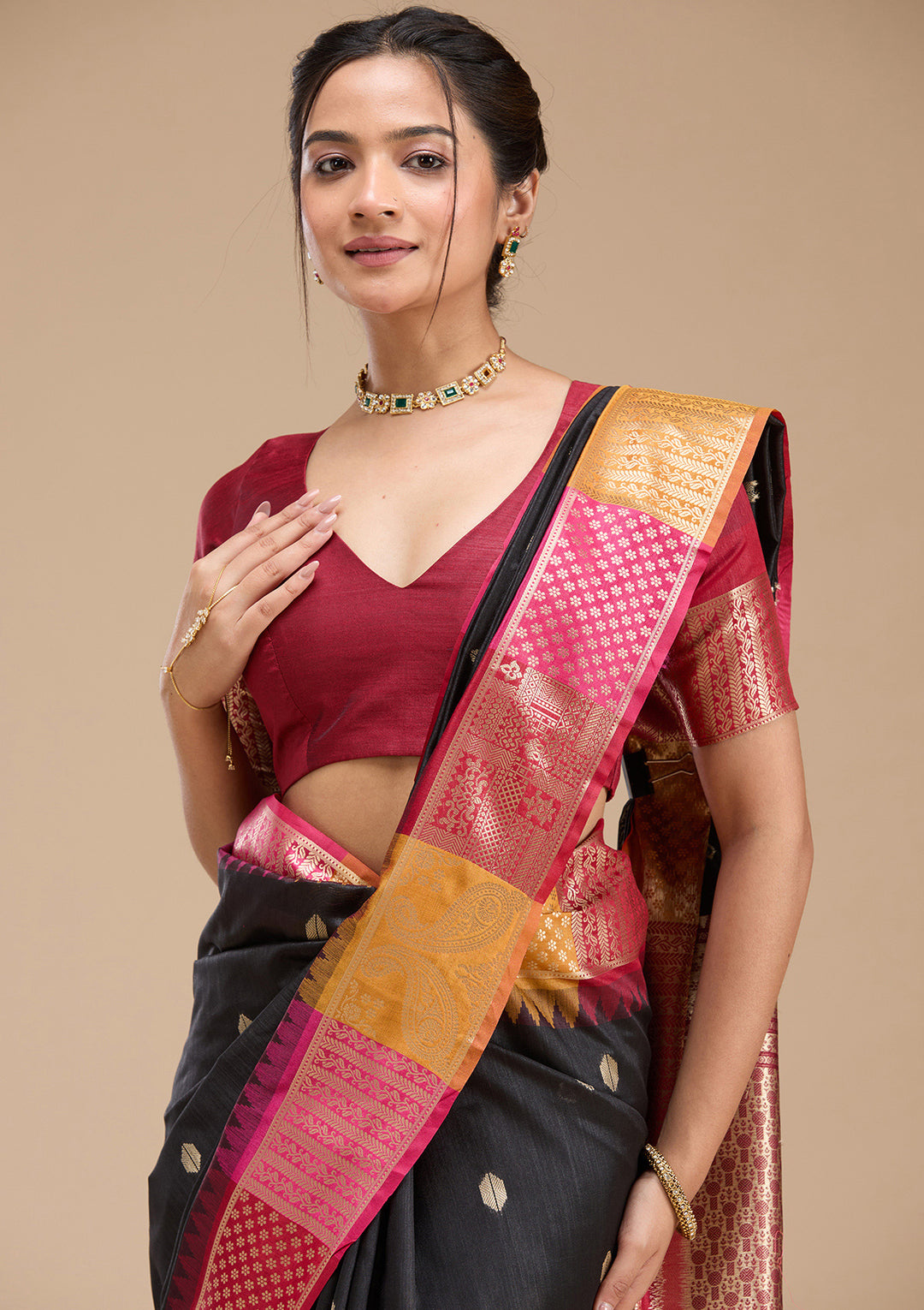 Black Silk Buti Gold Zariwork Saree With Matching Blouse Piece