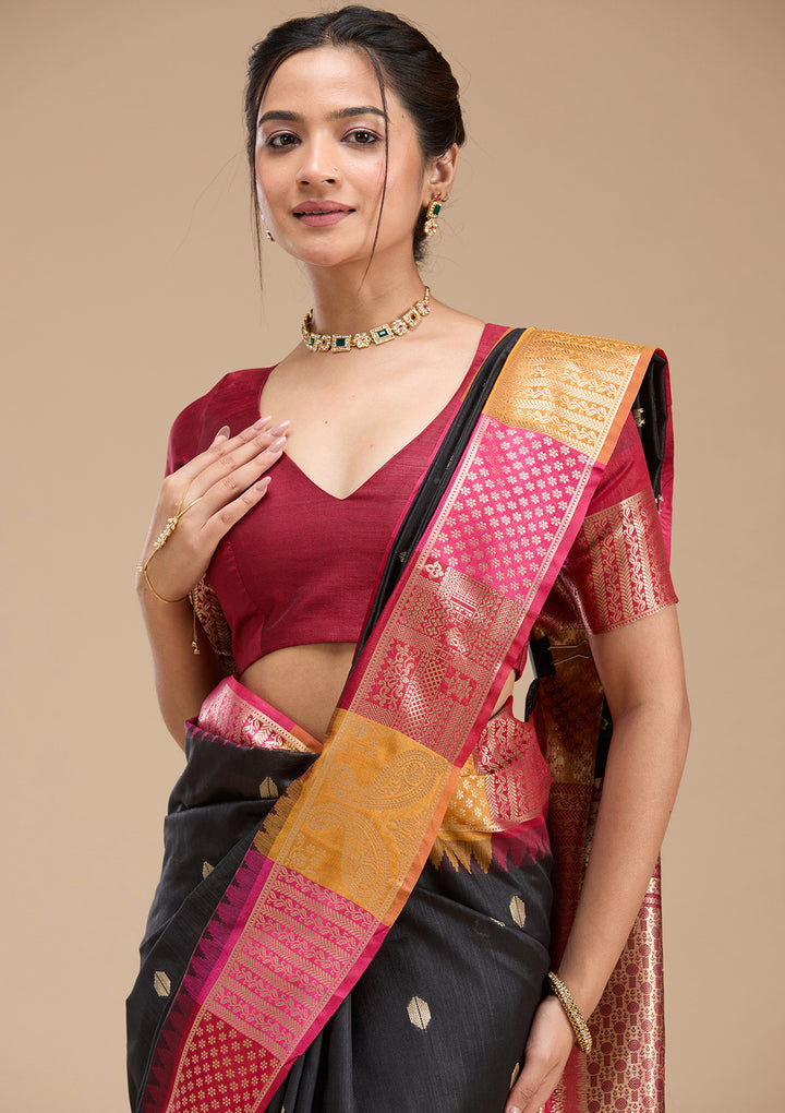 Black Silk Buti Gold Zariwork Saree With Matching Blouse Piece