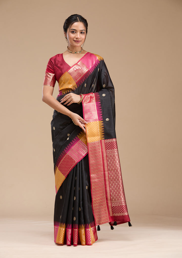 Black Silk Buti Gold Zariwork Saree With Matching Blouse Piece