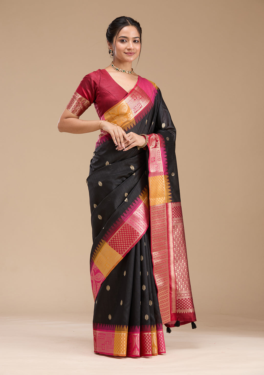 Black Silk Buti Gold Zariwork Saree With Matching Blouse Piece