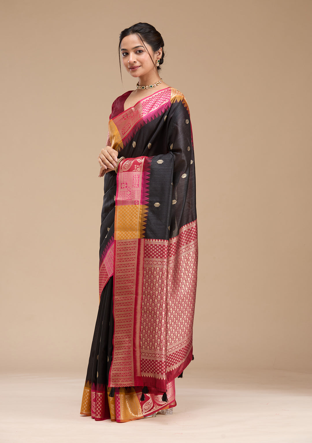 Black Silk Buti Gold Zariwork Saree With Matching Blouse Piece