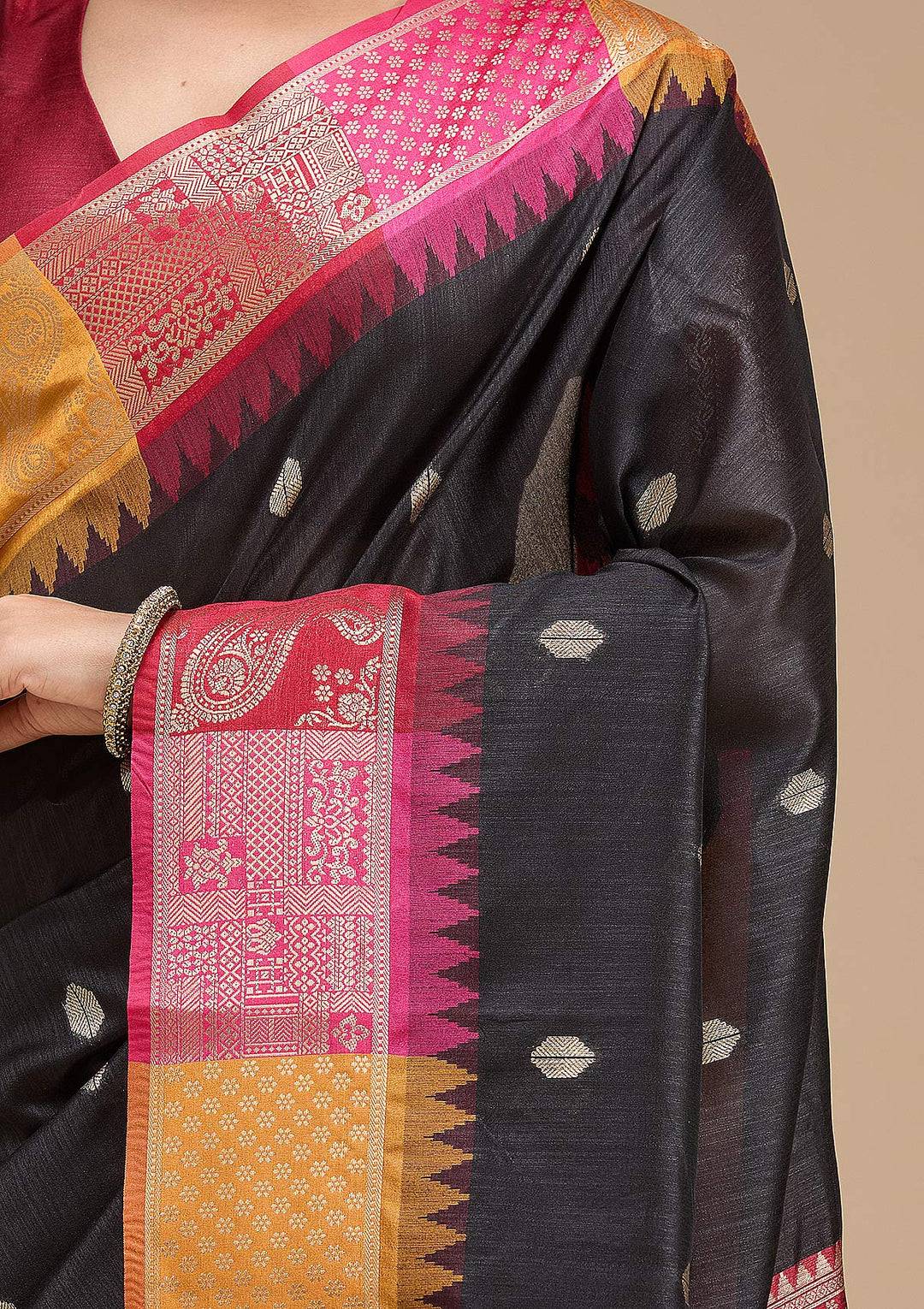 Black Silk Buti Gold Zariwork Saree With Matching Blouse Piece