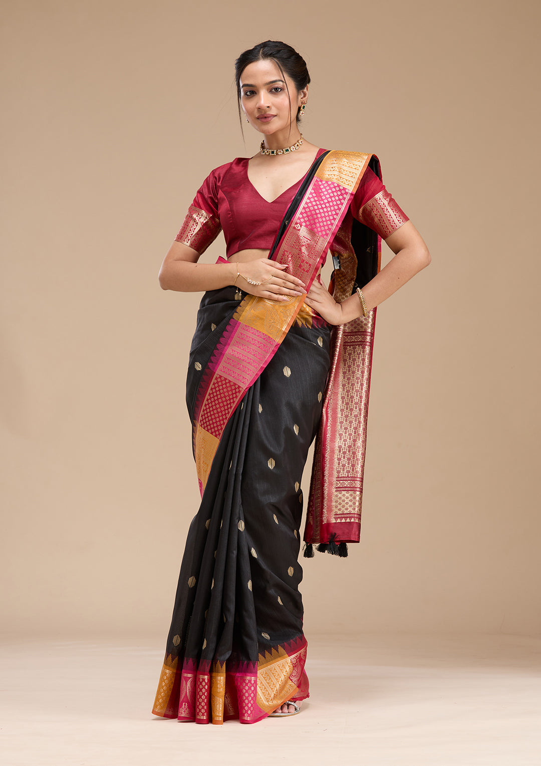 Black Silk Buti Gold Zariwork Saree With Matching Blouse Piece