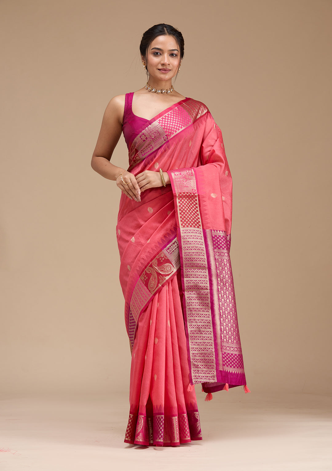 Gajari Pink Silk Buti Gold Zariwork Saree With Matching Blouse Piece