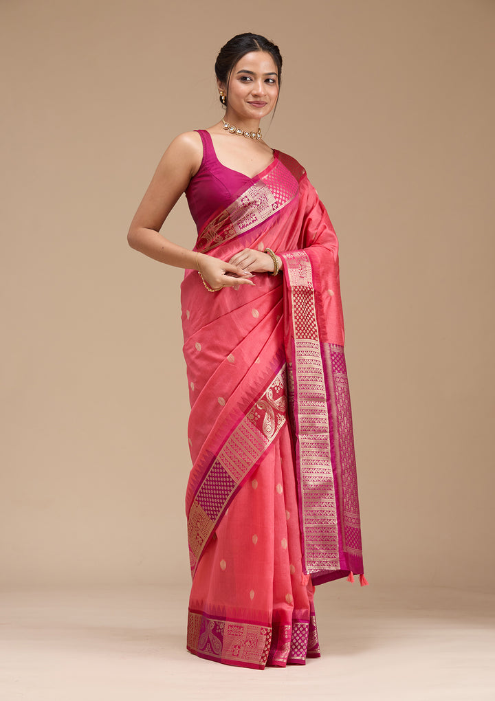 Gajari Pink Silk Buti Gold Zariwork Saree With Matching Blouse Piece