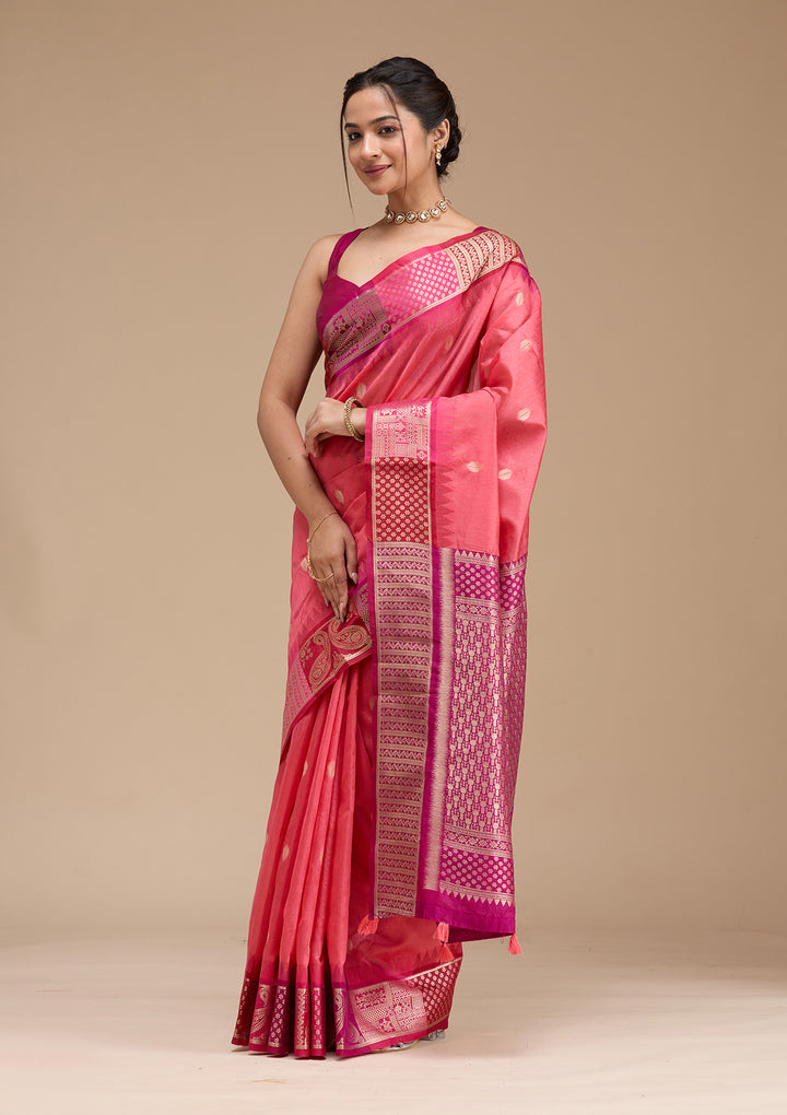 Gajari Pink Silk Buti Gold Zariwork Saree With Matching Blouse Piece