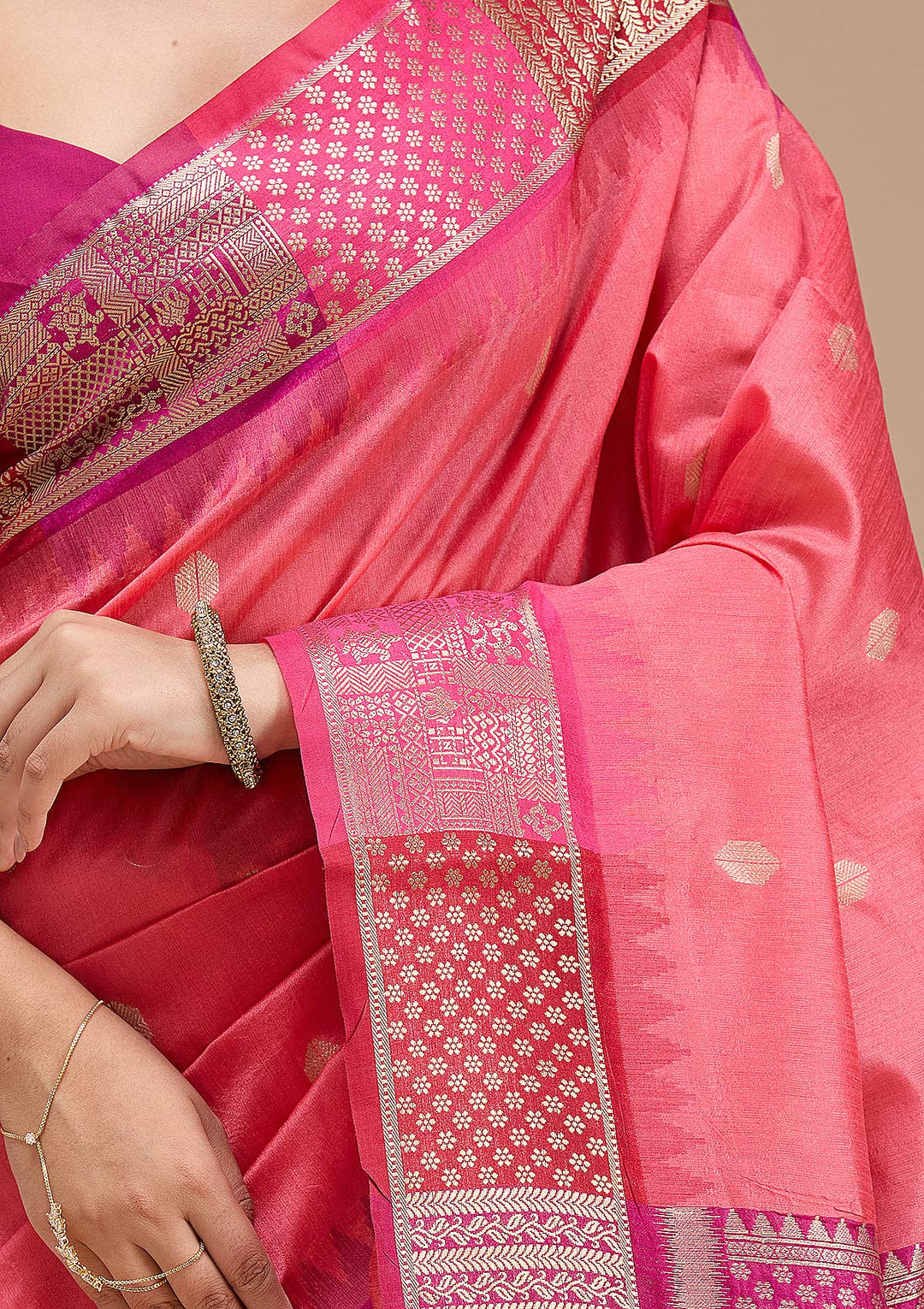Gajari Pink Silk Buti Gold Zariwork Saree With Matching Blouse Piece
