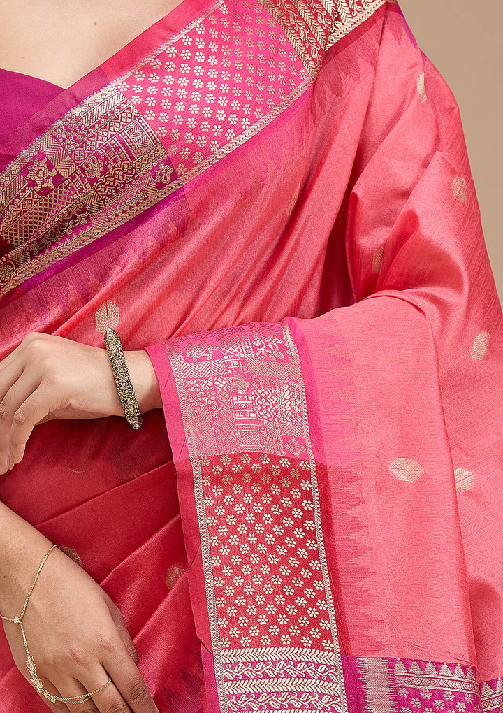 Gajari Pink Silk Buti Gold Zariwork Saree With Matching Blouse Piece