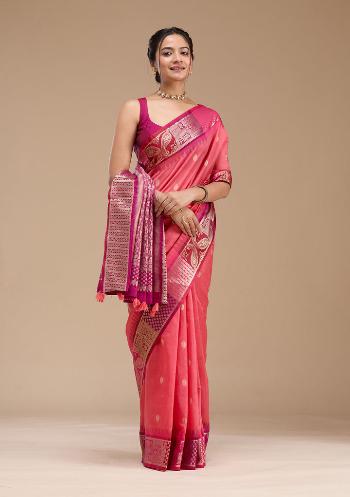 Gajari Pink Silk Buti Gold Zariwork Saree With Matching Blouse Piece