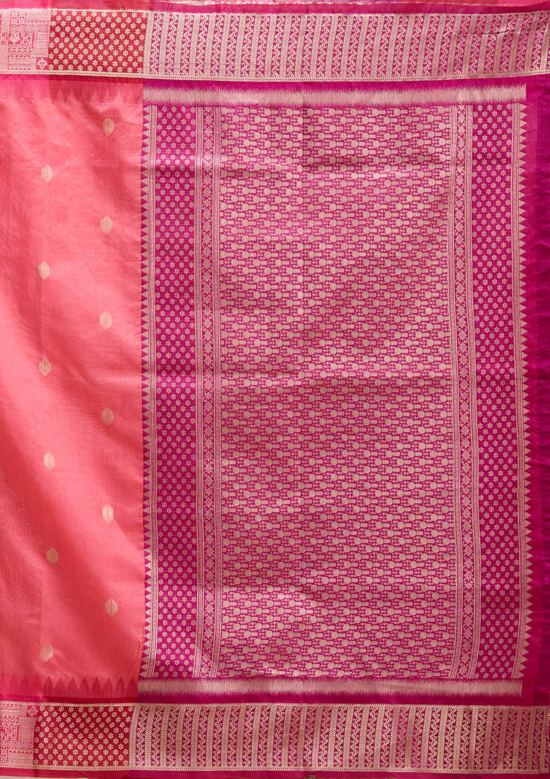 Gajari Pink Silk Buti Gold Zariwork Saree With Matching Blouse Piece