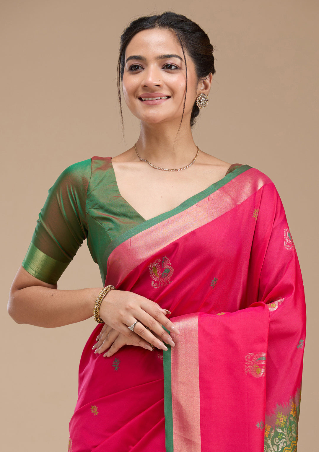 Rani Pink Silk Buti Gold Zariwork Saree With Matching Blouse Piece