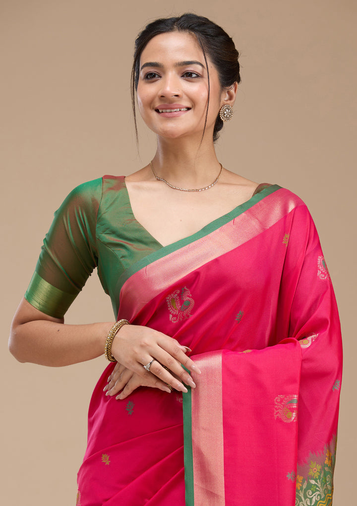 Rani Pink Silk Buti Gold Zariwork Saree With Matching Blouse Piece