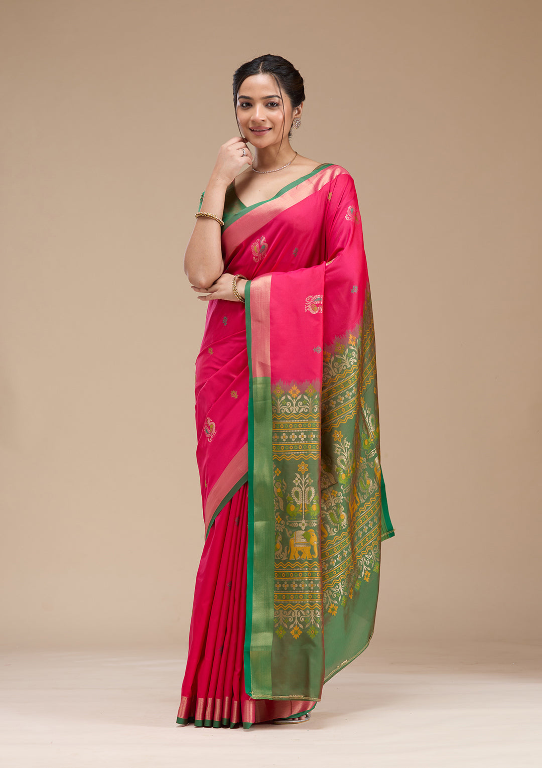 Rani Pink Silk Buti Gold Zariwork Saree With Matching Blouse Piece