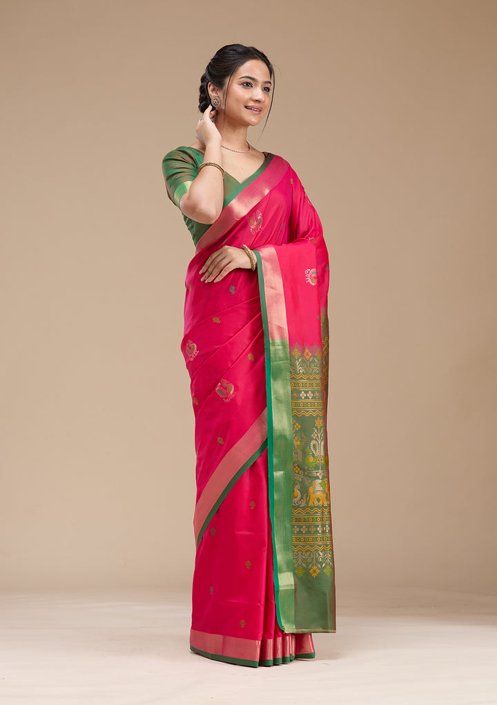 Rani Pink Silk Buti Gold Zariwork Saree With Matching Blouse Piece
